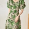Green V neck puff sleeve floral short dress with tie back 5