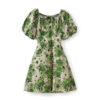 Green V neck puff sleeve floral short dress with tie back 6