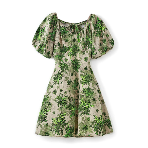 Green V neck puff sleeve floral short dress with tie back 6