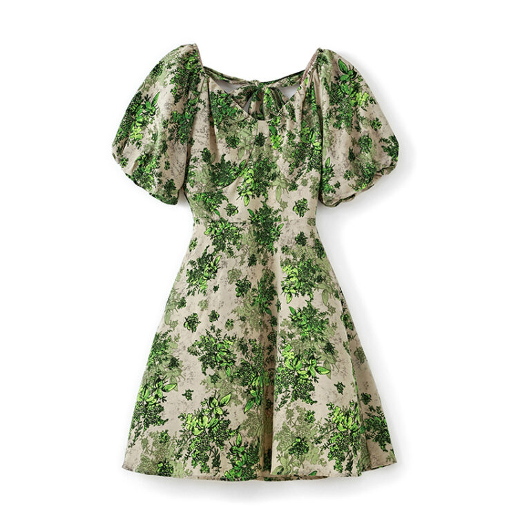 Green V-neck puff sleeve floral short dress with tie back