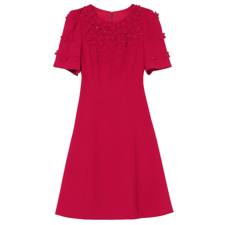 Hand-Beaded Floral Red A-Line Dress