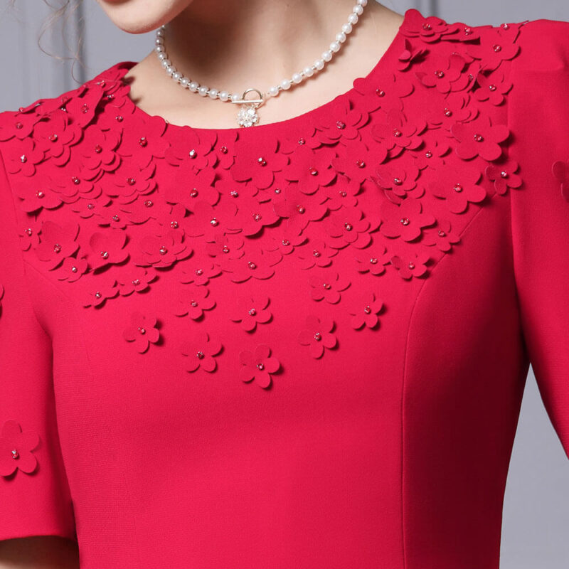 Hand Beaded Floral Red A Line Dress 4