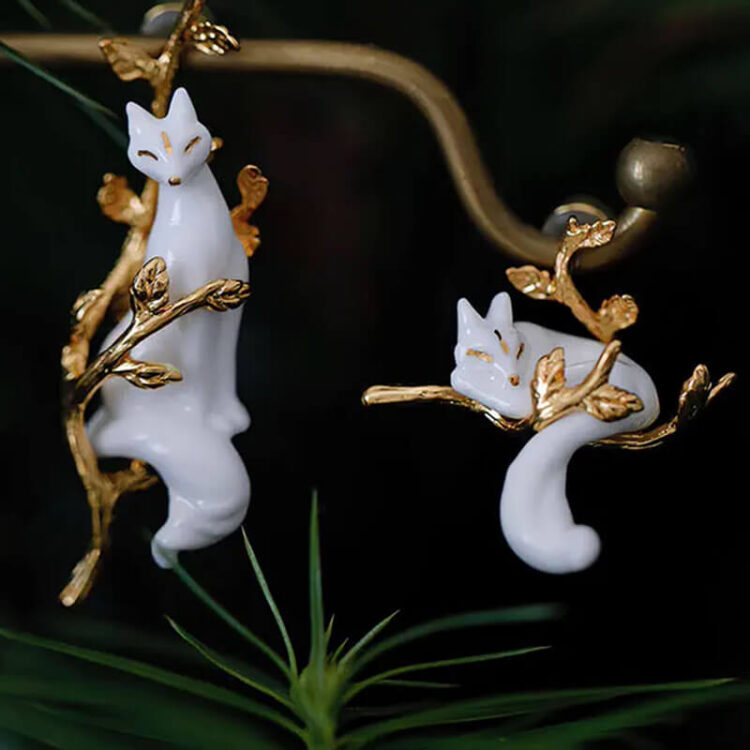 Handmade Original Ceramic Fox Asymmetrical Earrings