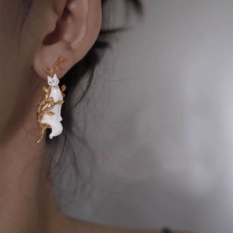 Handmade Original Ceramic Fox Asymmetrical Earrings 4