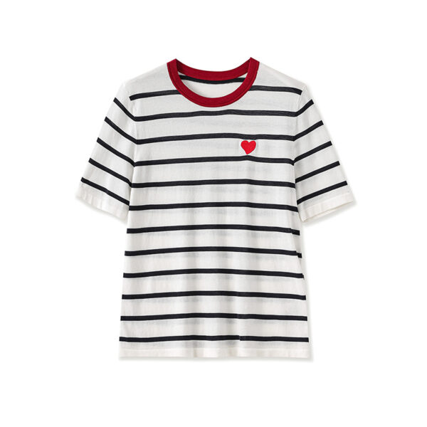 Heart embroidery contrast striped knitwear