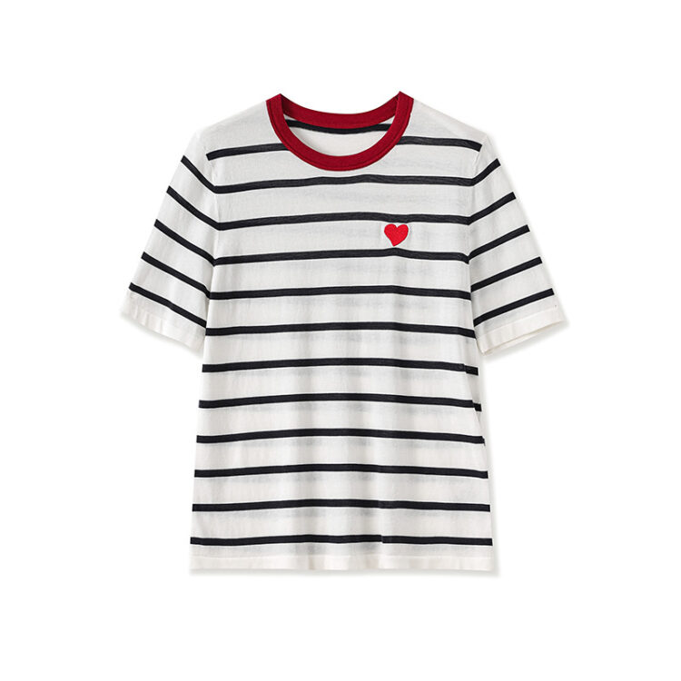Heart embroidery contrast striped knitwear