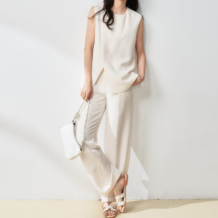 High slit Elegant Top High waist Straight Pants Two piece Set 3