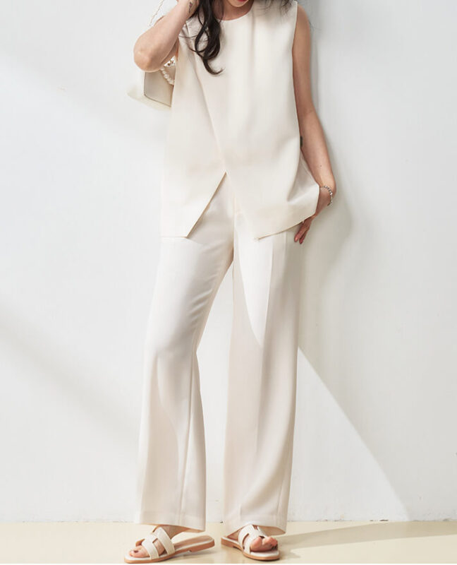 High slit Elegant Top High waist Straight Pants Two piece Set 6