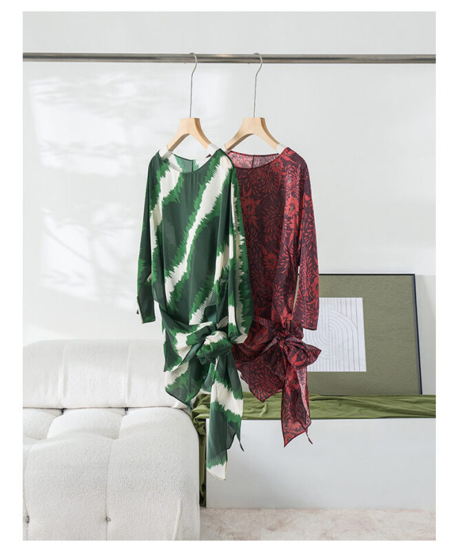 Irregular Color-blocking Print Tie Waist Silk Shirt