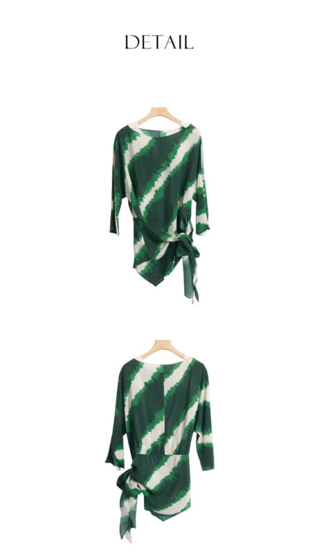 Irregular Color-blocking Print Tie Waist Silk Shirt