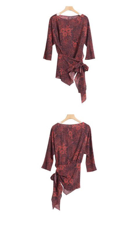 Irregular Color-blocking Print Tie Waist Silk Shirt