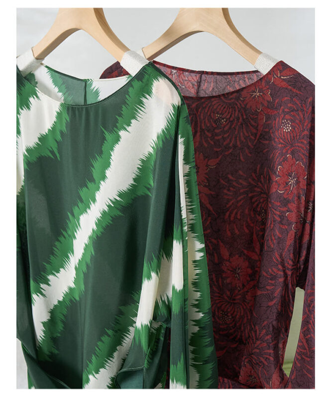 Irregular Color-blocking Print Tie Waist Silk Shirt