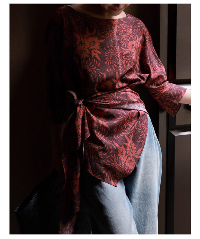 Irregular Color-blocking Print Tie Waist Silk Shirt