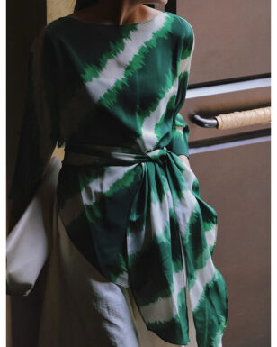 Irregular Color-blocking Print Tie Waist Silk Shirt