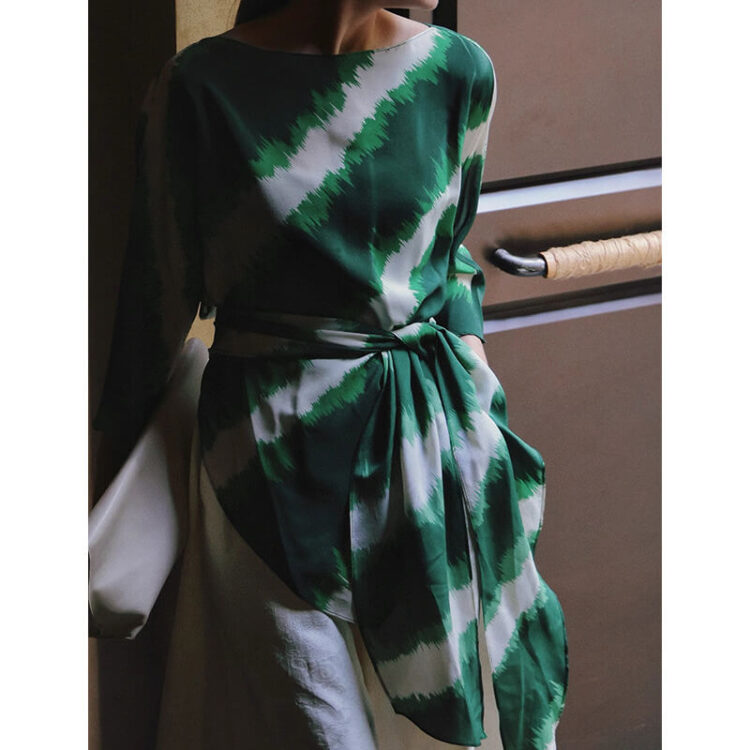 Irregular Color-blocking Print Tie Waist Silk Shirt