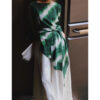 Irregular Color-blocking Print Tie Waist Silk Shirt