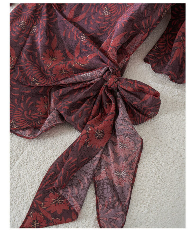 Irregular Color-blocking Print Tie Waist Silk Shirt