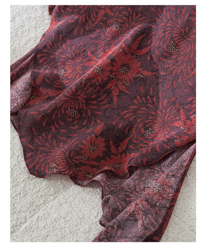 Irregular Color-blocking Print Tie Waist Silk Shirt