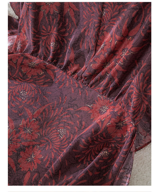 Irregular Color-blocking Print Tie Waist Silk Shirt