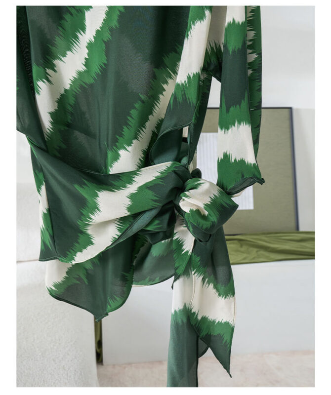 Irregular Color-blocking Print Tie Waist Silk Shirt