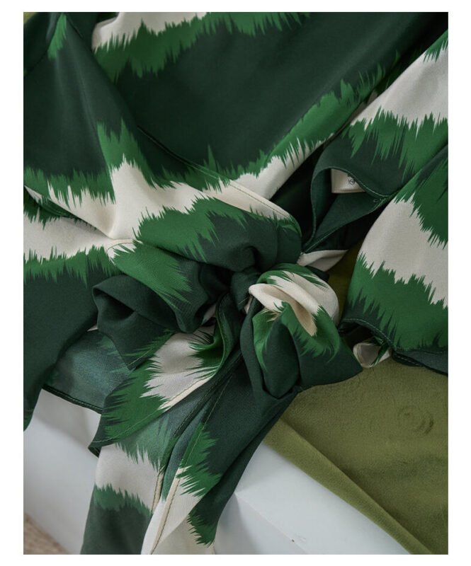 Irregular Color-blocking Print Tie Waist Silk Shirt