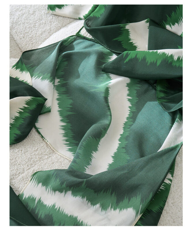 Irregular Color-blocking Print Tie Waist Silk Shirt
