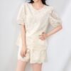 Jacquard crew neck short sleeve top and lace shorts two piece set