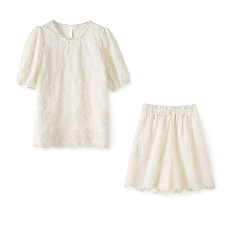 Jacquard crew neck short sleeve top and lace shorts two piece set