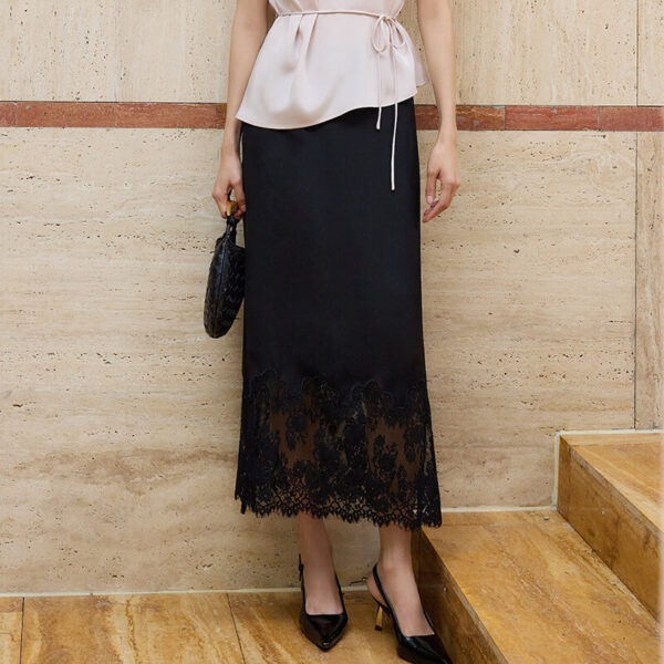 Lace Panel Silk Midi Skirt 1