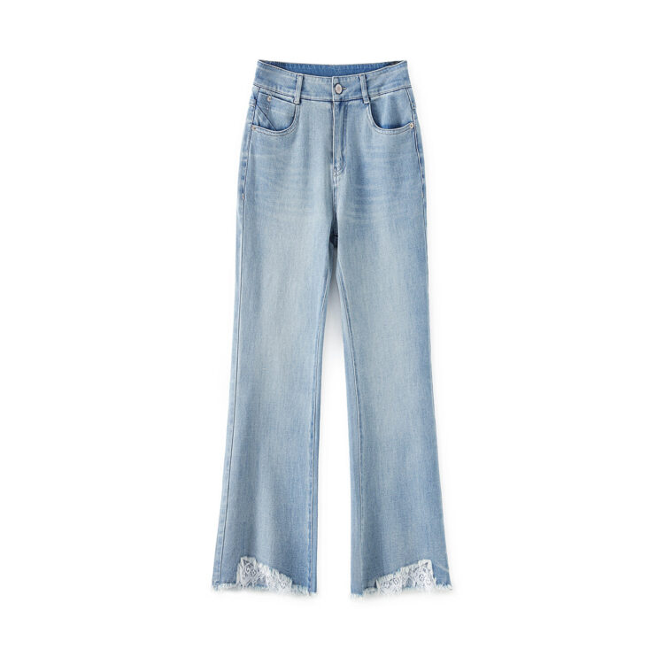 Light-colored slim straight-leg jeans with lace cuffs