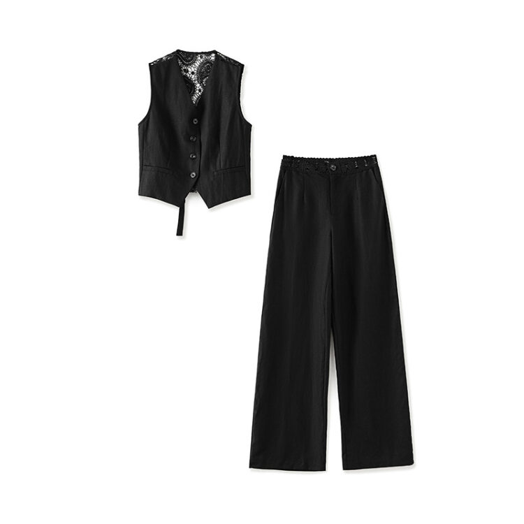 Light lace paneled linen Tencel vest and wide-leg pants set