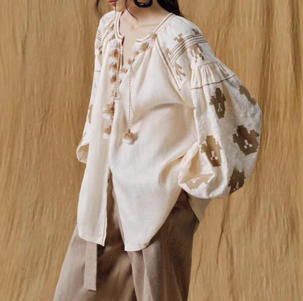 Linen Bohemian Embroidered Balloon Sleeve Shirt 1