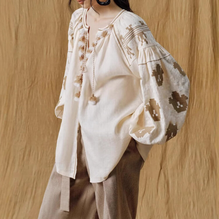 Linen Bohemian Embroidered Balloon Sleeve Shirt