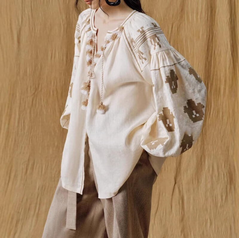 Linen Bohemian Embroidered Balloon Sleeve Shirt 1