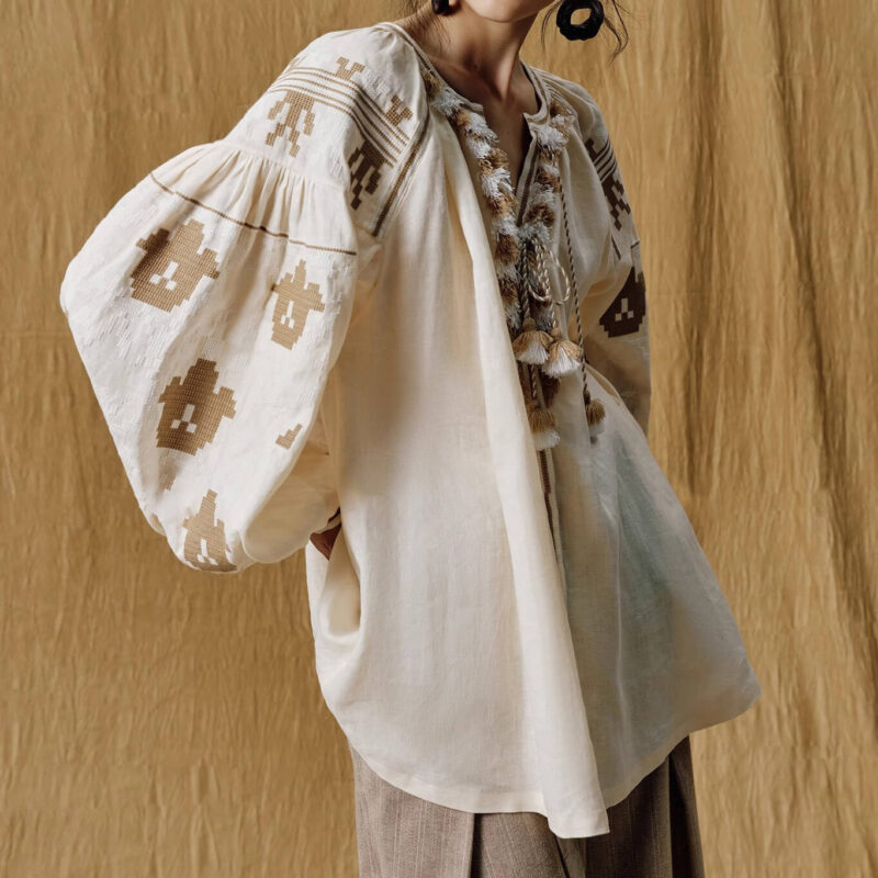Linen Bohemian Embroidered Balloon Sleeve Shirt 2