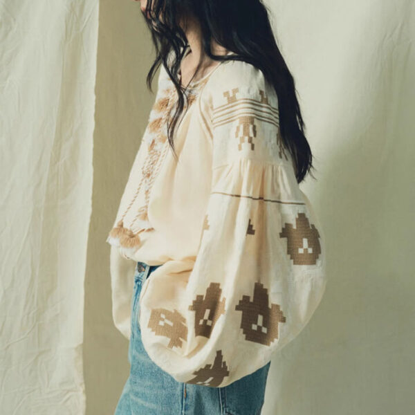 Linen Bohemian Embroidered Balloon Sleeve Shirt 3