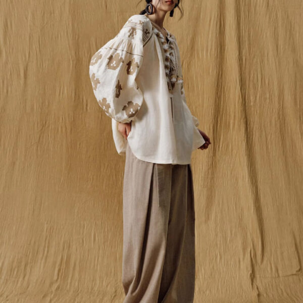 Linen Bohemian Embroidered Balloon Sleeve Shirt 4