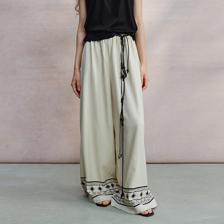 Linen Bohemian Print Wide Leg Pants