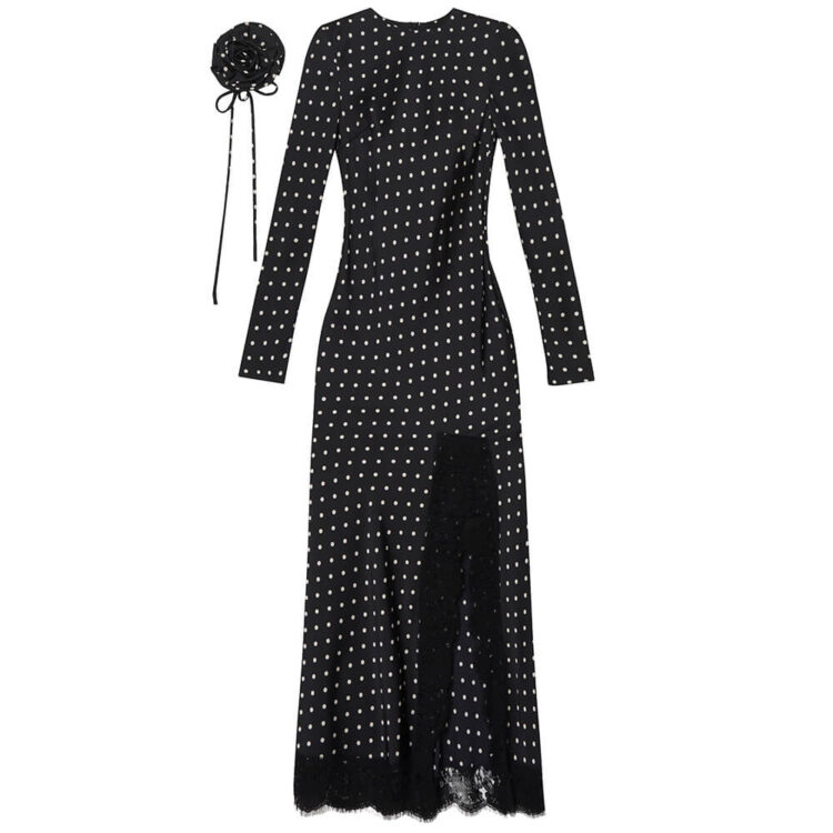 Black Polka Dot Front Slit Pieced Lace Long Sleeve Dress (+ Three-dimensional Flower Accessories)