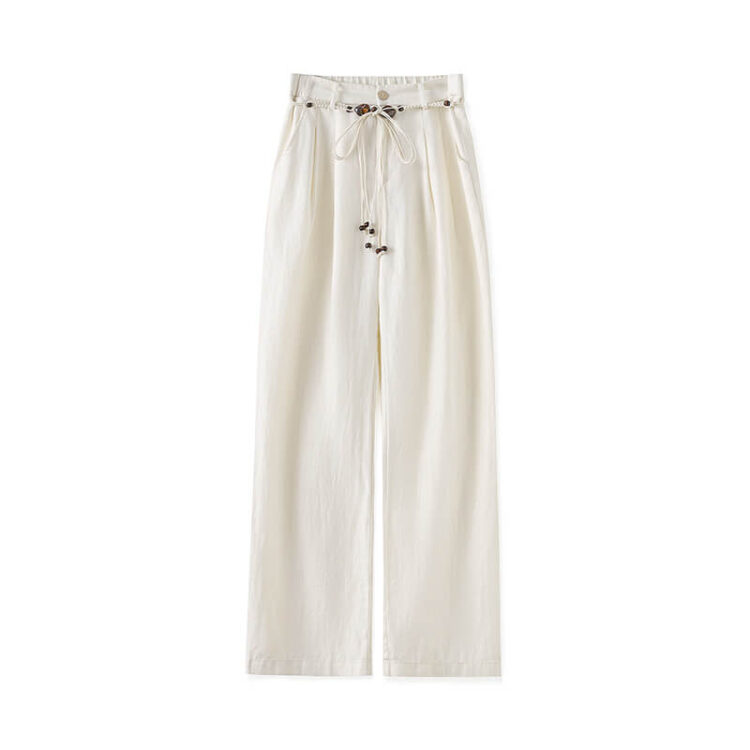 Lyocell Linen Bohemian Beaded Wide-Leg Pants