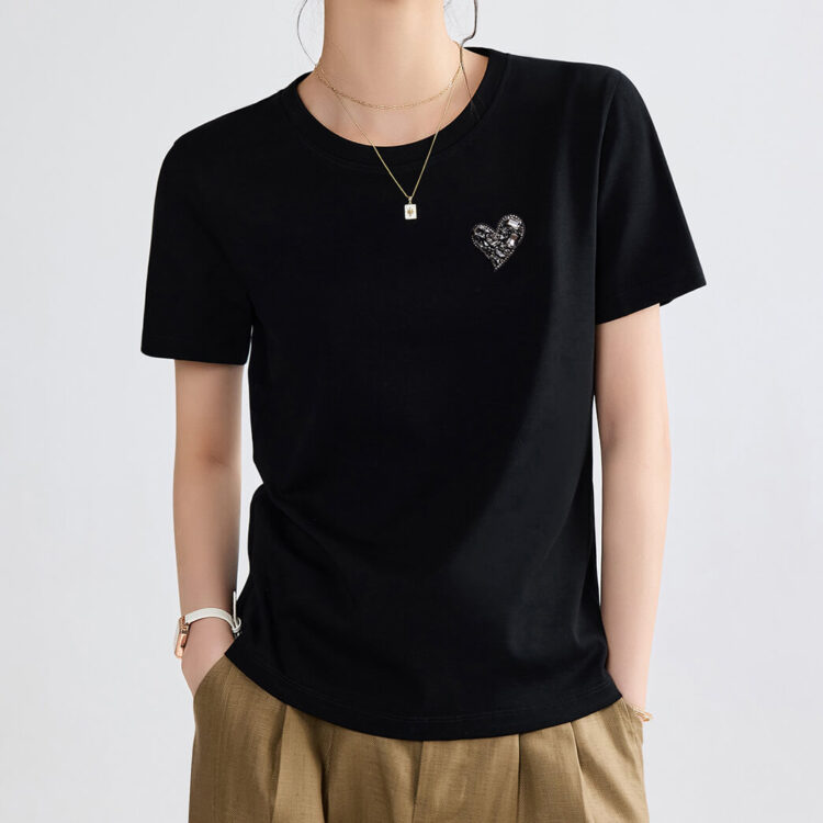 Mercerized Cotton Heart Round Neck T-shirt