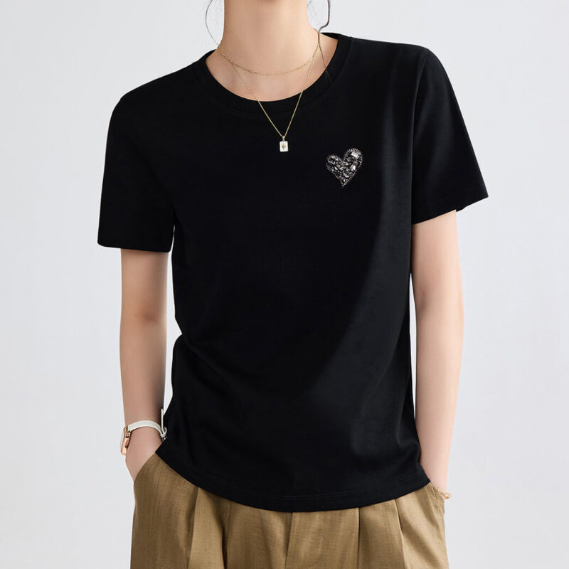 Mercerized Cotton Heart Round Neck T shirt 2