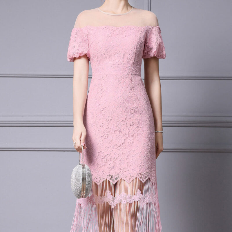 Mesh off shoulder tassel party dress 2