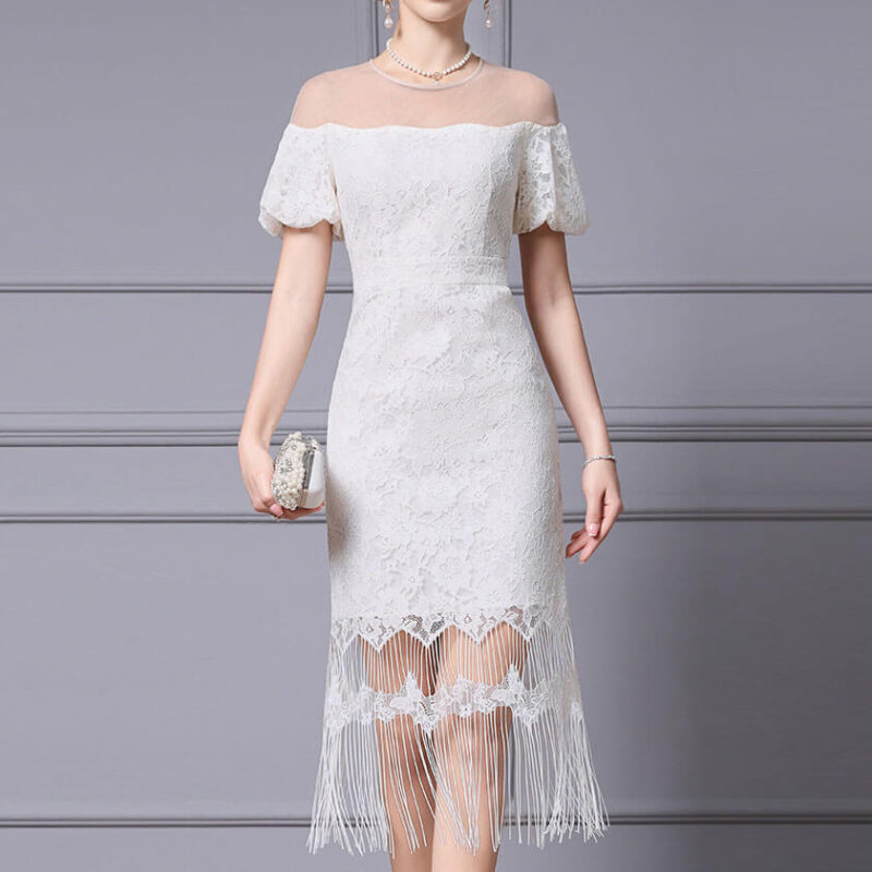 Mesh off shoulder tassel party dress 8