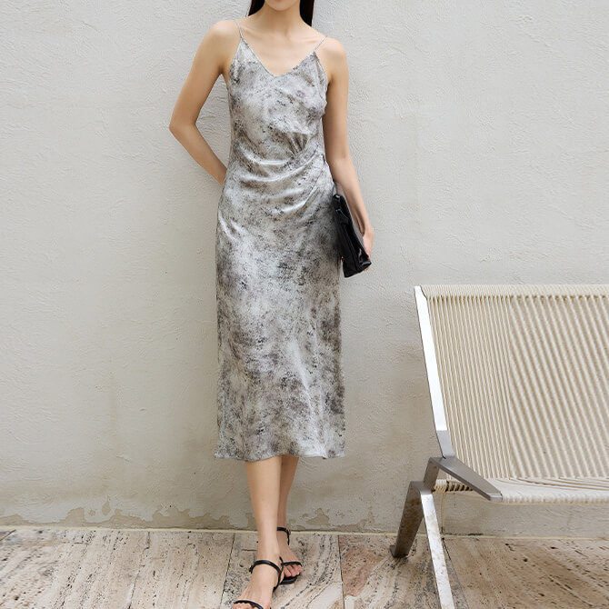 Meteorite Print Silk Rose Satin Slip Dress