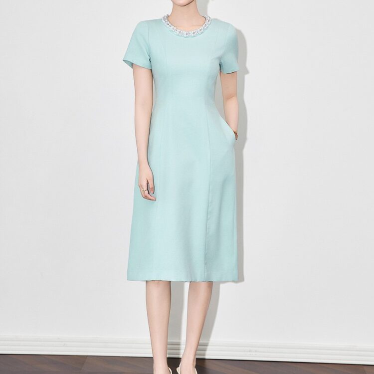 Mint green round neck beaded women's dress for work