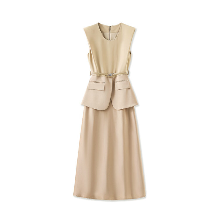 Mock Two-Piece Sleeveless Acetate Satin Dress