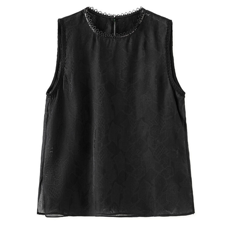 Organza Lace Trim Spliced Round Neck Vest