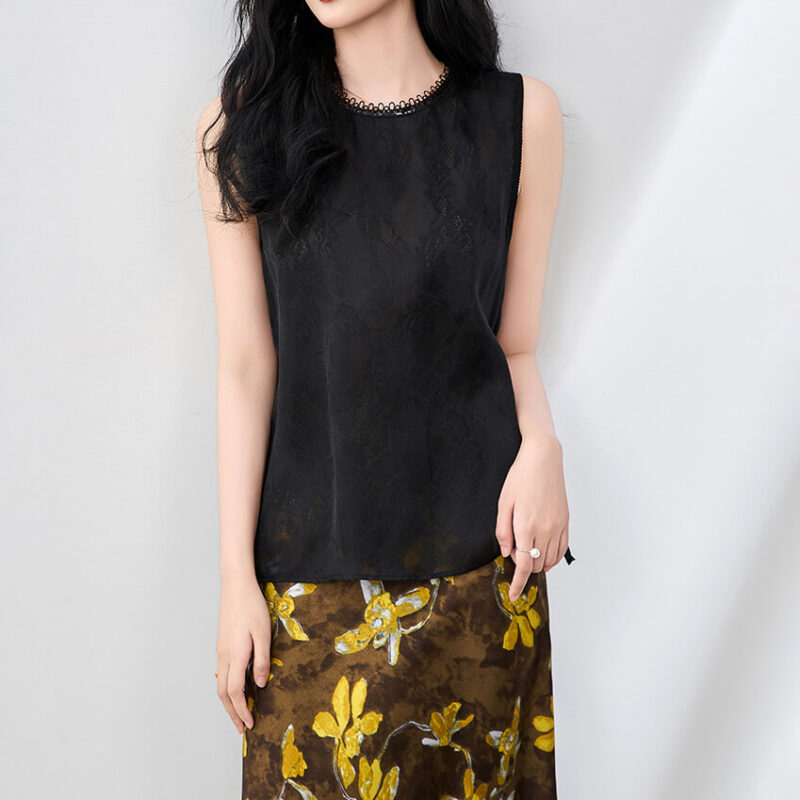 Organza Lace Trim Spliced Round Neck Vest