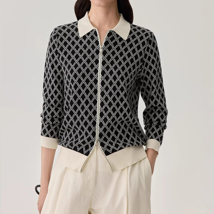 POLO Collar Black and White Check Silk Jacket